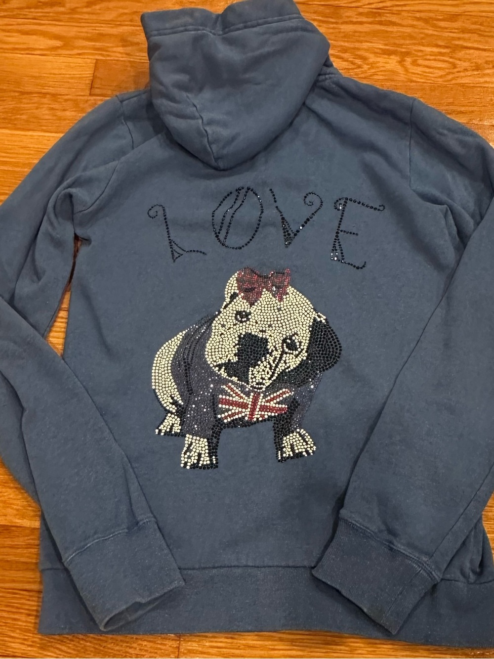 Butter Blue Hooded Zip Up Hoodie with Bull Dog and Union Jack Flag Size SSmall